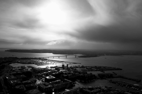 View of Auckland from sky tower. Looking towards Harbour Bridge. Monochrome