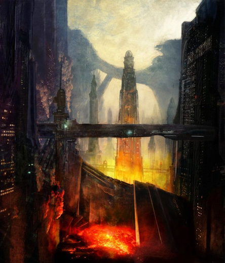 A digital painting scifi scenery. In the foreground of a moon city is a large lava-pit. The source of energy for the local heating system.