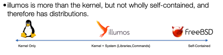 "illumos is more than the kernel, but not wholly self-contained, and therefore has distributions."

Line graph illustration:  With kernel-only Linux on the left, kernel-plus-some-commands-and-libraries illumos in the middle, and whole-cloth OS FreeBSD on the right.