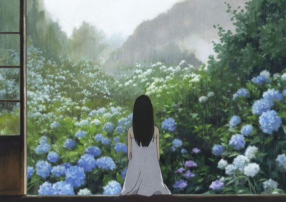 a painting of a girl sitting on a porch, looking out at hydrangeas and misty mountains in the rain
