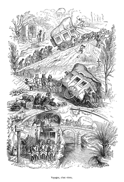 A journey on a horse-drawn coach is depicted in three main episodes, strung together in a flowing visual narrative. At the bottom, the first episode shows a jolly, eager departure. A little higher up the page, the coach has tipped into a ditch, and the male passengers are pushing it back into position while the ladies sit by the side of the road with the luggage. The third episode depicts the coach driving up a slope so steep that the passengers had to get off and follow in its wake, much like they would a hearse.