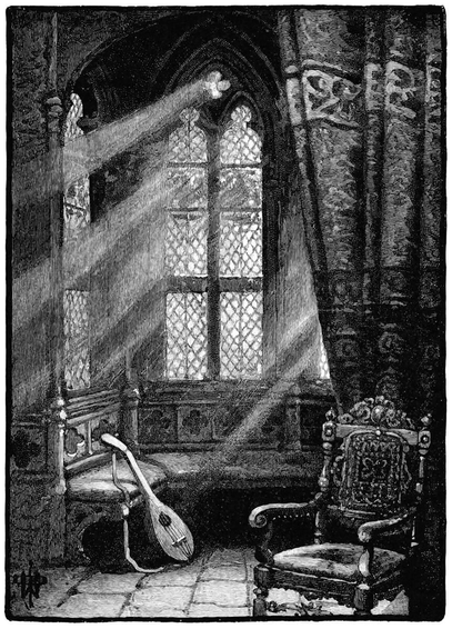 View of an oriel window from the inside, featuring a lute resting against a bench, with beams of light streaming through the lozenge-patterned leaded window panes.