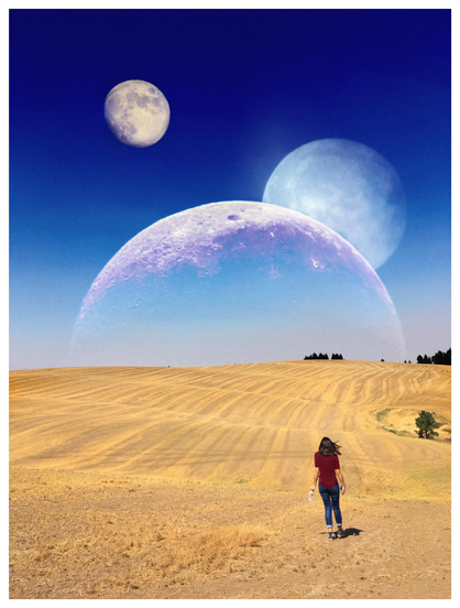 Photo montage created with multiple exposures. The tiny figure of a woman in a maroon top and jeans stands at lower right with her back to the camera, looking out on golden farmland after a harvest. Tractor tracks follow its gentle slopes in wavy lines toward a horizon dotted with a few fir trees. Above is an otherworldly sight: three moons in different hues, floating in a deep blue sky. The largest moon, red and enormous, rises over the horizon, partially obscuring a second, ice-blue moon behind it. The third and smallest moon, warm and golden, sits higher in the sky at upper left. The woman leans slightly toward the moons, as if yearning for adventure and escape.