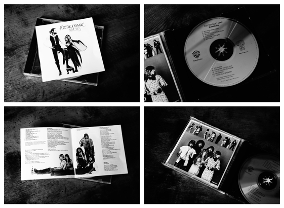 Four black and white photos of the CD album of Rumours by Fleetwood Mac.