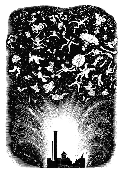 Human figures in various states of disintegration are sent darting through the air by an explosion in a building with a tall chimney and turret, which lights up the night sky like fireworks.