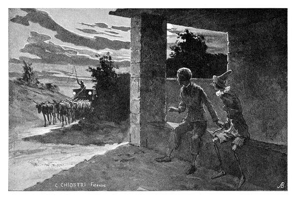 The wooden puppet Pinocchio and his friend Candlewick are sitting on the porch of a house on a moonlit night, waiting for a coach pulled by a team of donkeys that can be seen approaching in the distance.