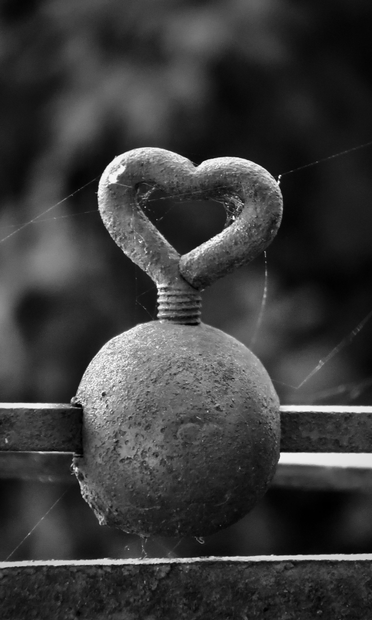 Close-up of a weight ball on an old scale. The screw that needs to be tightened has a handle shaped like a heart. Very fine spider threads hang from the ball and the screw. The image is in black and white.