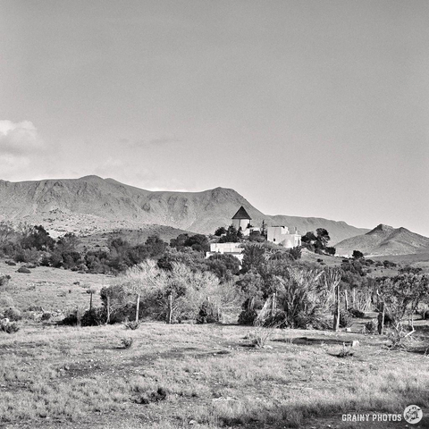 Black and white landscape featuring a rural area with a distant house nestled among trees, set against a backdrop of mountains. Captured with a Mamiya C220 on Kentmere 100 film, the scene shows open fields and scattered vegetation under a clear sky.