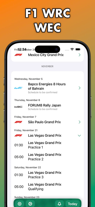 Screenshot showing main screen of the app with racing events visible in a vertical list.