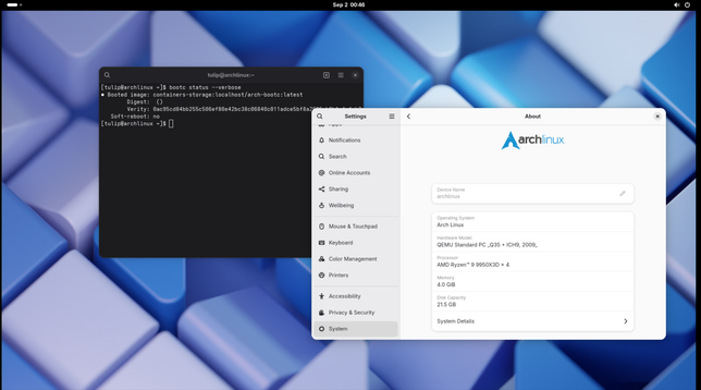 Screenshot of the GNOME desktop installed on Arch Linux, a terminal opened to the left of the screen demonstrating `bootc status` working, to the right there are descriptions about a virtualized environment on the GNOME settings panel