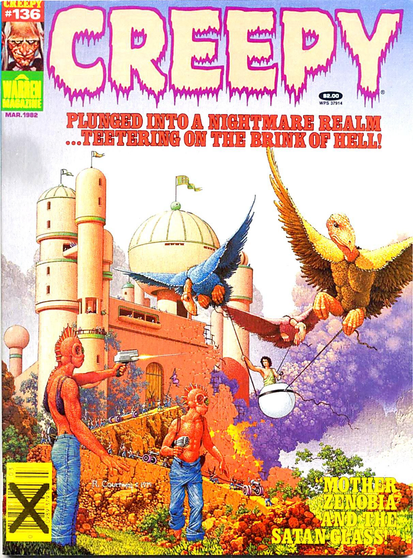 A very brightly-coloured image of a scene in front of a part-modern castle, in front of which a figure in a white hemispherical container is being flown by three vulture-like creatures; lizard/dinosaur-like human figures are firing at the flying person with beam weapons. The whole scene is covered in flowers and other greenery.
Creepy magazine cover 1982.
