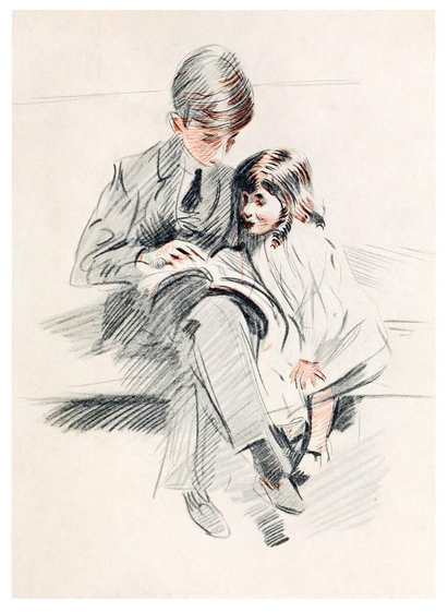 A boy is sitting on a couch with his younger sister, showing her something from the book on his lap.