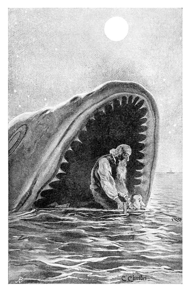 Pinocchio and his elderly father are making their escape to the sea through the wide-open mouth of the sleeping Dogfish.