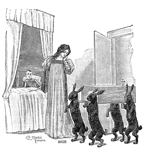 Four rabbits walk into Pinocchio’s bedroom on their hind legs, carrying a coffin past the Fairy as Pinocchio watches from the bed.