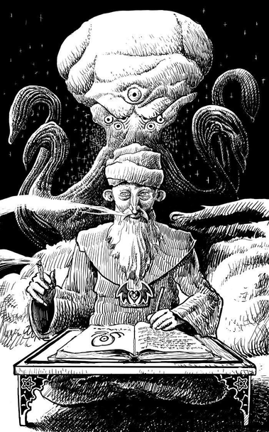 A sufi imam is sitting cross legged in front of a low table with a book containing writing and a stylished drawing of a monster. He is smoking a joint. Behind him the monster, unknowingly to the imam, appears.