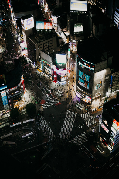 top-down photo of the famous Shibuya crossing in the night