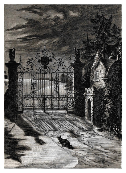  View of a wrought-iron gate at night, looking toward the countryside, with a fox wandering along the manor’s drive.