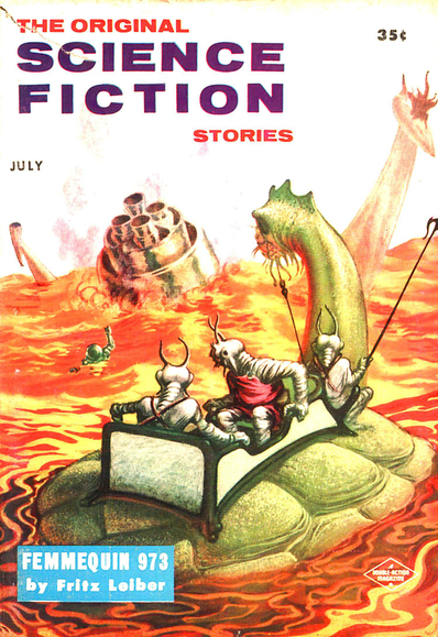 Alien figures with antennae and ribbed bodies are riding on a turtle-shelled dinosaur through a red-orange sea, approaching a space ship which has apparently crashed and nearly submerged; a figure in a space suit is waving to them.
Science Fiction Stories magazine cover from 1957.
