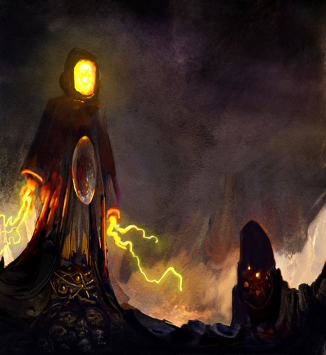 A digital drawing of a wizard with flaming hands a face doing magic. In the background a sinister house is seen