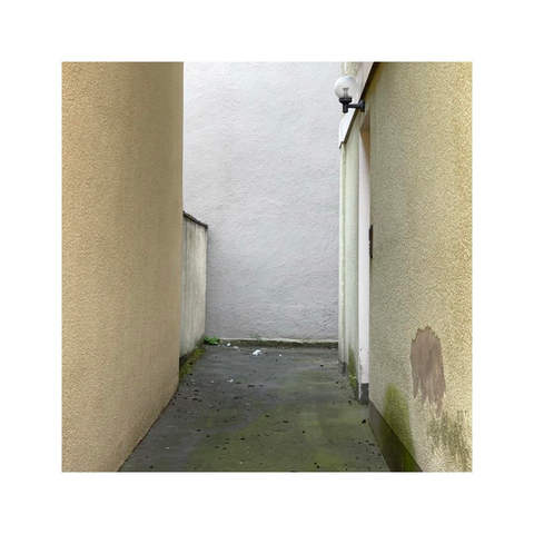 a closeup look into a hidden entry way. the entrance is located at the end of a narrow gap in between two houses. the only thing that marks the door is a lonely street lamp located on one side of the gap, the door itself is not visible and comes completely unexpected