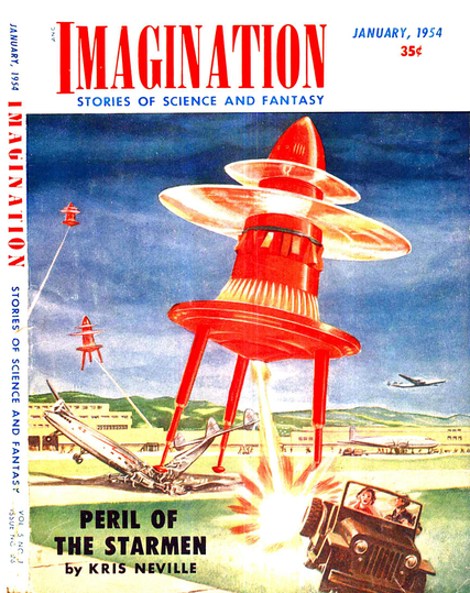 A red bullet-shaped space ship with disks extending from its body and three legs is landing at an airstrip, crushing an airliner and firing a beam weapon out of its base, from which two human figures are escaping in a Jeep. Other such ships are seen in the distance.
Magazine cover from 1954.
