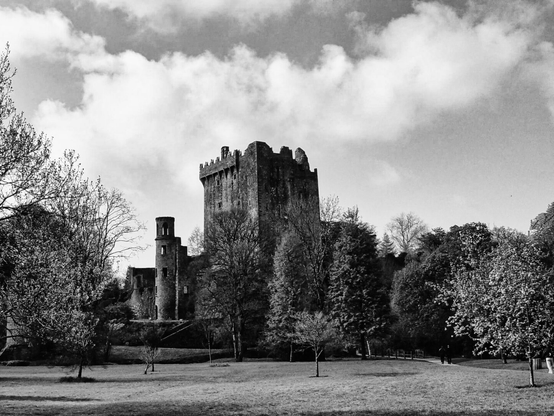 Black and white photo of a large, ancient stone castle tower surrounded by trees, set against a partly cloudy sky. A grassy field extends in the foreground.