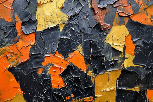 The image features an abstract painting with a textured surface created using thick layers of oil paint. The dominant colors are black, orange, and gold, applied in a chaotic and expressive manner. 