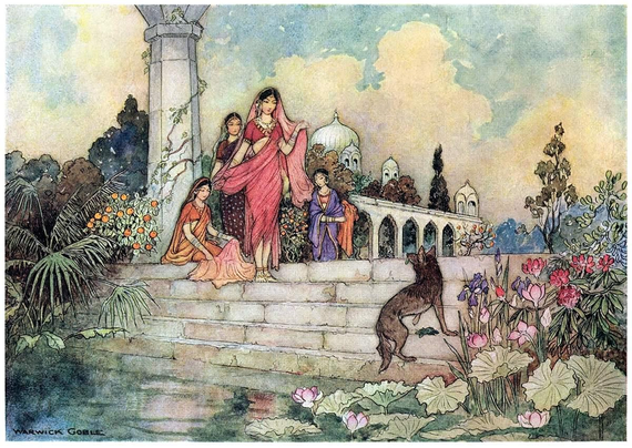 A princess and her three maids watch a jackal eating betel leaves on the steps leading down to a palace pond, lush with aquatic vegetation.