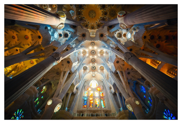 Blick nach oben ins Gewölbe der Sagrada Familia in Barcelona. 