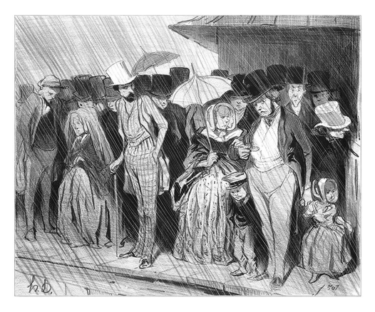 Lithograph depicting a mixed crowd of glum travelers stands on a railway platform, enduring a protracted wait under the pouring rain.