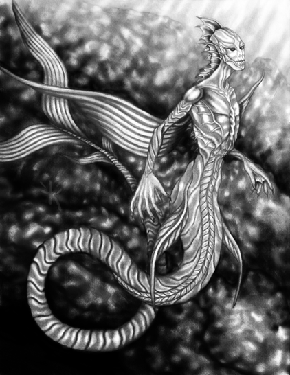 A black and white mixed media drawing by Kmac of a mermaid-esc aquatic alien creature with fins, scales, claws, and a long tail. The Mur'dúchu is shown swimming along against a rocky background, emerging from an underwater cave system.