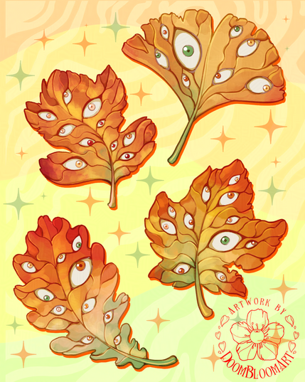 Drawing of stylized autumn leaves with many eyes on them. Four leaves of different shapes on bright yellow-orange gradient background. 