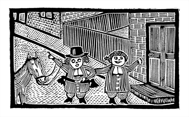 Woodcut depicting two men standing side by side in the middle of a street. One man leads a horse by the bridle and points in one direction, while the other pulls in the opposite direction toward the front door of a house.