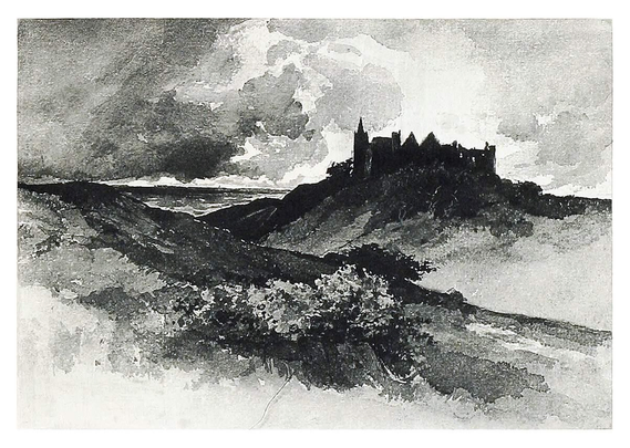 A ruined castle is visible from a distance, standing on a hill that overlooks a darkened sea rolling beneath threatening clouds.



