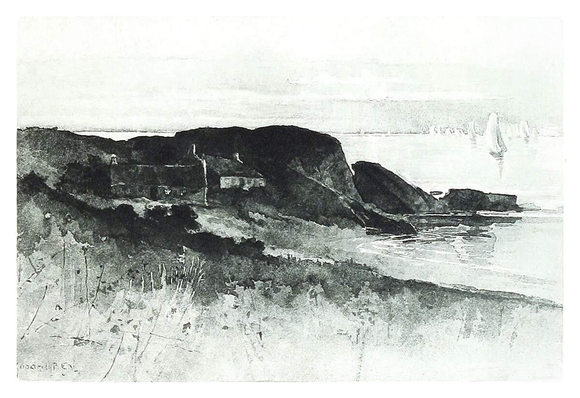 View of a promontory with a couple of houses nestled on its side and sailboats on the quiet sea.