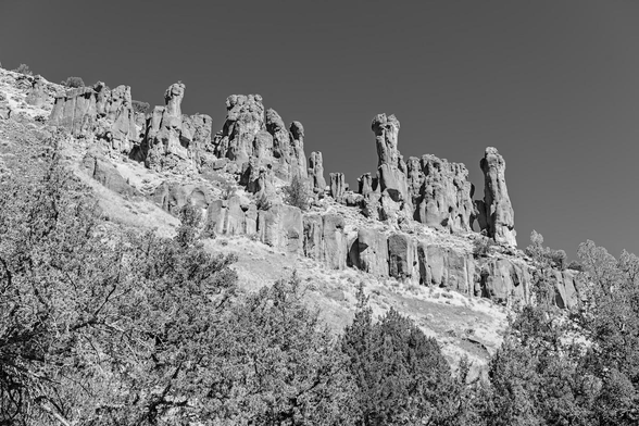 A black and white landscape photo of a rocky rdigeline high above the position of the camera. There are trees in the immediate foreground, then a dry grassy area, a short vertical wall of rock, and then a highly eroded series of rocky pinnacles. The sky is clear and dark gray due to the processing done on the photo.