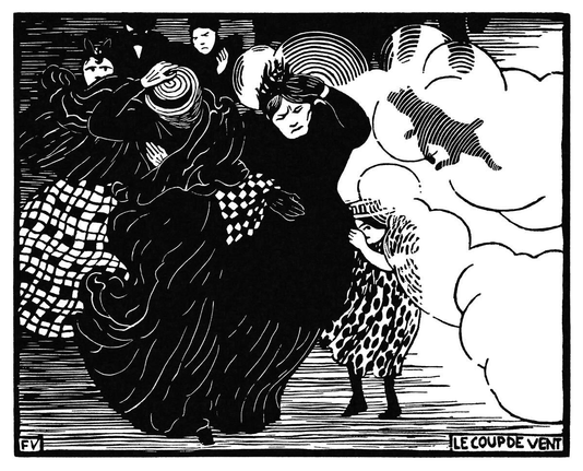 Two women in the foreground struggle against a dusty gust of wind, covering their hats and hair with their hands, while a little girl seeks shelter behind her mother.