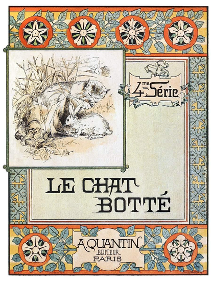 Front cover of Le chat botté (Puss in Boots) featuring an Art Nouveau design with foliage and floral decorations, along with lettering that shows Asian influence.