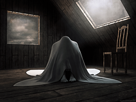 Gloomy 3D scene, showing a figure sitting in a dimly lit attic, covered by a blanket.