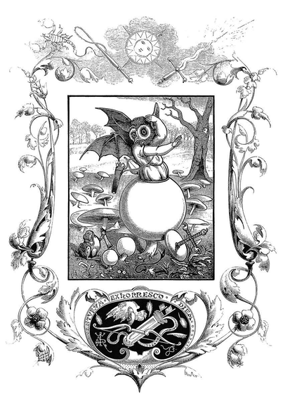 A creature with the body of a putto, the face of an owl, and the wings of a bat rises from a spherical mushroom, larger than any other scattered throughout the clearing. The motto Venturum exhorresco diem (I fear the light of the coming day) is displayed amid the ornamental motifs surrounding the main illustrations.