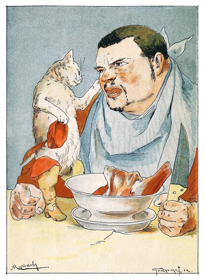 Puss in Boots coaxes the ogre sitting at the table before a bowl full of raw meat into falling for his ruse.