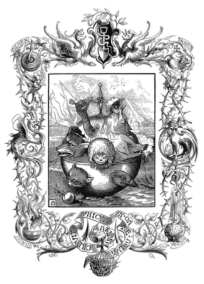 Heads of various species protrude from a globe. A cat, a pig, a peacock, a dog, and a wolf are easy to recognize, whereas the head in the center is only vaguely human. A scroll in the decoration bears the motto Sic malum crevit unicum in omne malum (From one fruit, all evil grows).