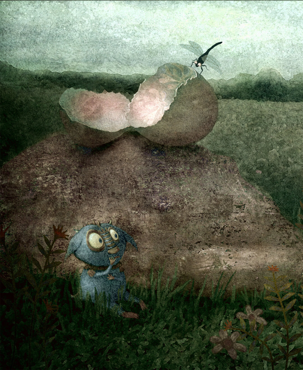 The Mysterious Monster March: JUST HATCHED
One cloudy morning a just-hatched baby monster sits alone in the grass next to a large boulder. It shivers with cold and hunger. Above, it's cracked egg balances precariously, while a hovering dragonfly looks down with interest. In the far distance, three quarreling monsters argue about who is responsible for an escaped pink balloon.
