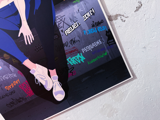 The image shows a section of an animated figure, focusing on the lower legs and feet of a character wearing white sneakers and blue clothing. The character is against a wall covered with colorful graffiti text and symbols.