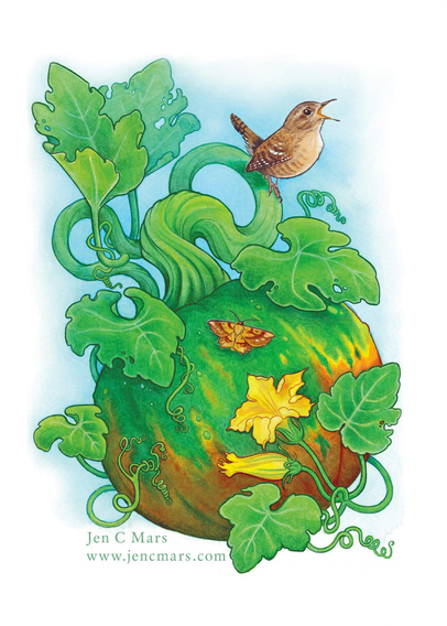 Illustration of a wren perched on a yellow and orange pumpkin growing on a vine, surrounded by coiling vines and green tendrils. Yellow blossoms are visible in the foreground, and an orange and yellow moth rests on the pumpkin. The background is a soft, hazy blue.