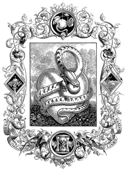 A snake is coiled around a large, stylized heart and holds an apple in its mouth. On each side of the lower part of the picture, as part of an elaborate ornamentation, two separate scrolls bear the motto "Totus mundus in maligno positus est" (The whole world is established inside the Devil).