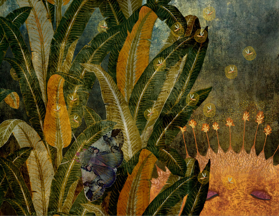 Rich greens and gold colors of a leafy garden at twilight. Bright spots of glowing fireflys hover in the air. A single moth spreads its wings of purple and gray. In the lower right, a partial abstract face with closed eyes, topped by flower-like blossoms and shining sparkles.