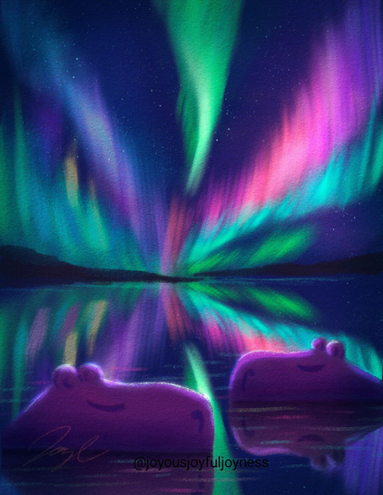 Painting of two capybaras sleeping in water at the bottom of the painting. Above them is the Northern Lights and it is reflected in the water. The artist's signature and watermark @joyousjoyfuljoyness are at the bottom.