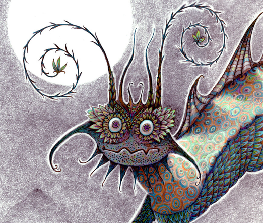 A startled looking creature stares with alarm at the viewer, frozen in place. Drawn in pencil with purple, green and bits of other colors. Behind its head, a white circle of moon.