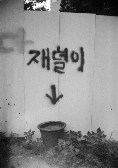 양철 펜스에 '재털이'라고 쓴 글씨 아래에 아래쪽을 가리키는 화살표가 스프레이로 그려져있다. 화살표 방향 땅 쪽에는 흙으로 가득 찬 화분 하나가 놓여있다.